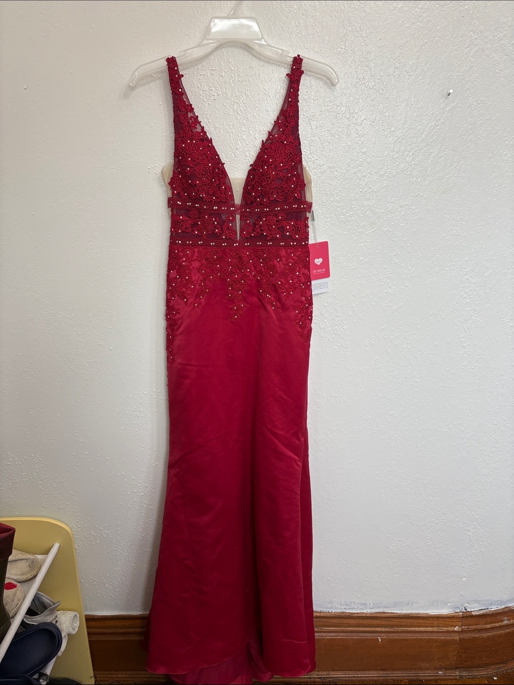 JJs House Red V-Neck Beaded Prom Gown